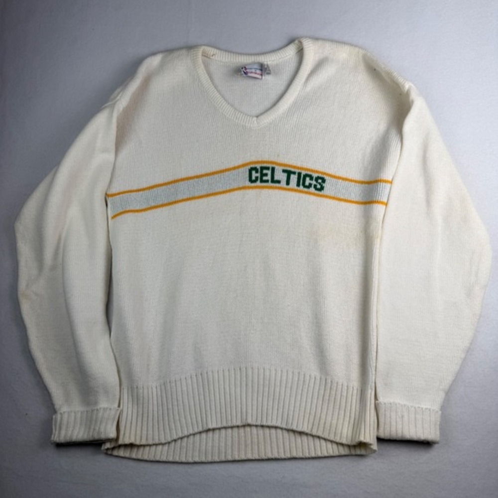 Vintage Boston Celtics Cliff Engle NBA V-Neck Knit‎ Sweater Mens Large White USA